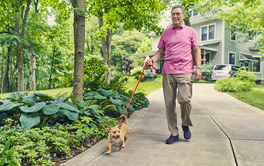Older man walking a dog in his driveway